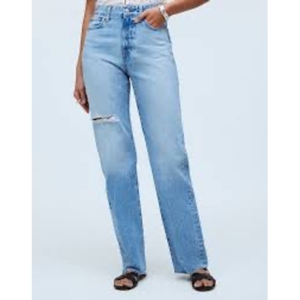 Madewell 90s Straight Leg Jeans Light Wash Distressed Raw Hem 25‎